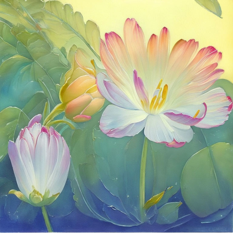 Pink and White Flower Painting with Closed Bud on Soft Yellow Background