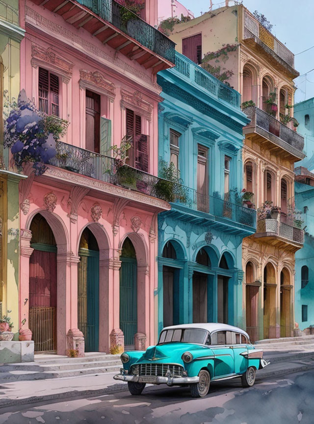 Vibrant street scene with pastel buildings and teal car