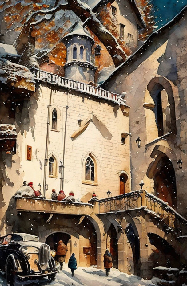 Vintage car and pedestrians near snow-covered medieval building in watercolor.