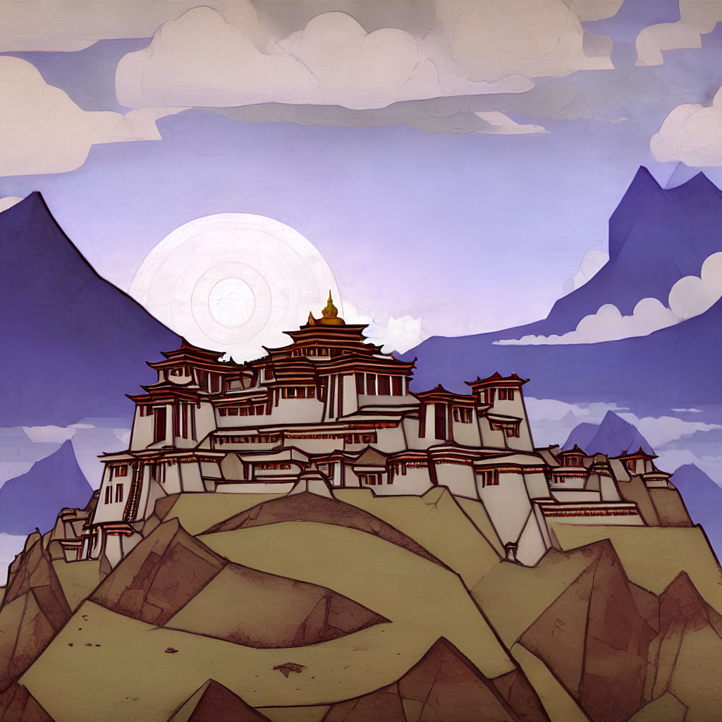 Illustration of ornate temple on hills with sun and mountains in warm palette