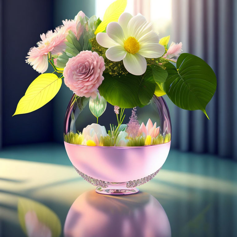 Assorted flowers in spherical glass vase with sunlight reflection