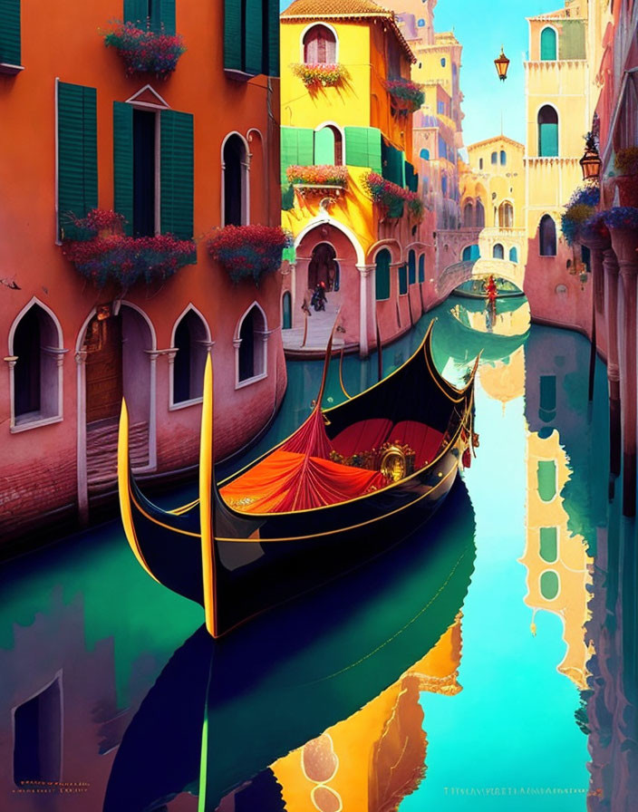 Colorful Venetian Canal with Gondola and Buildings in Bloom