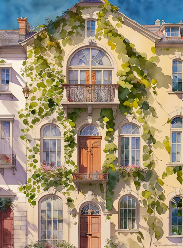 Ivy-covered building with wooden door and Juliet balconies under blue sky