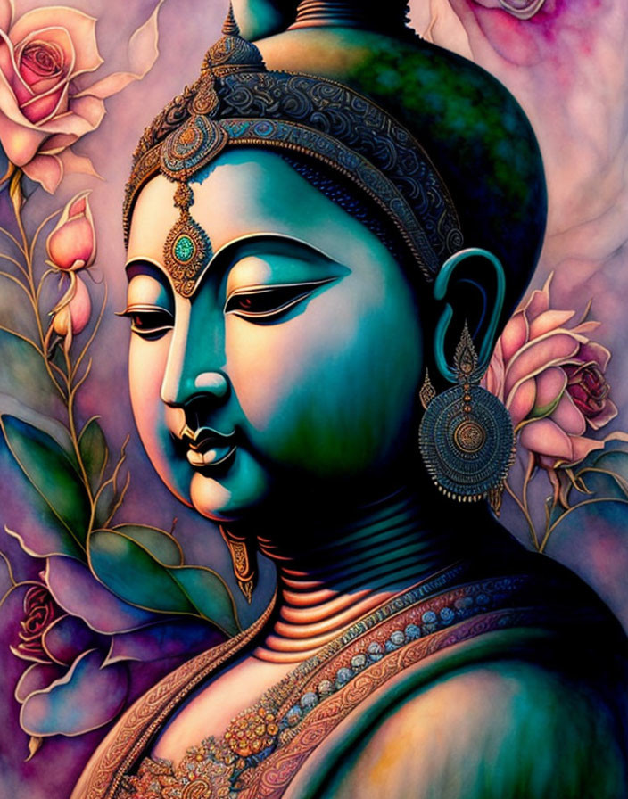 Colorful Buddha portrait with intricate jewelry and pink roses background