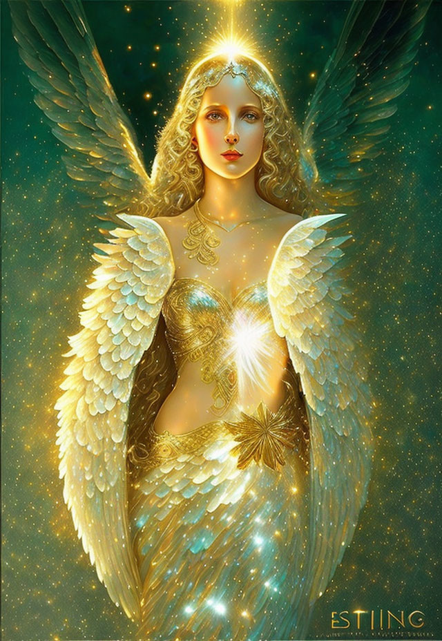 Luminous angelic figure with golden hair and wings in starry glow