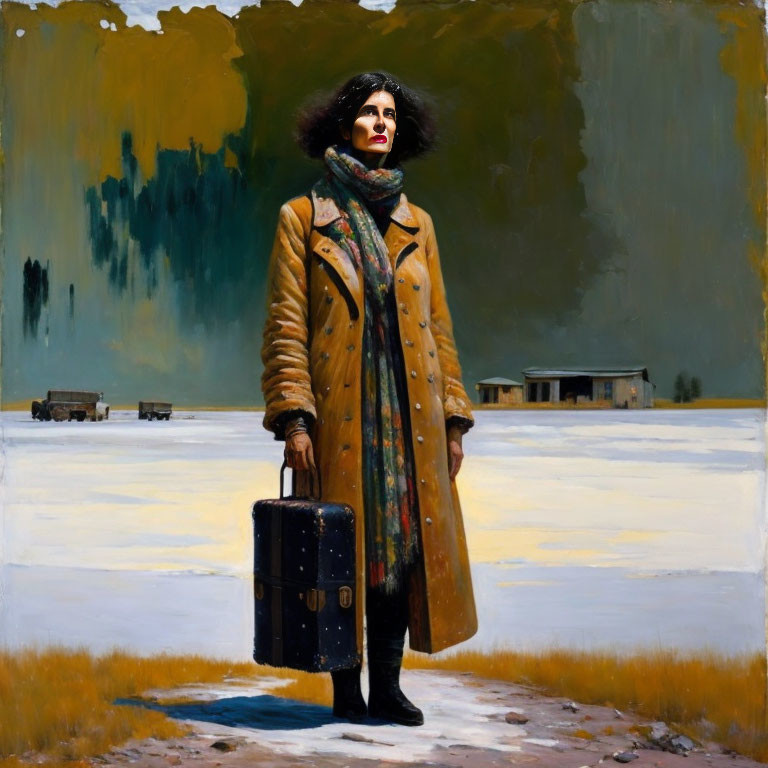 Woman in Tan Coat with Suitcase on Snowy Field and Houses in Distance