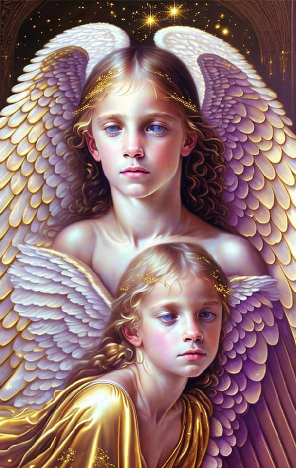 Golden-haloed angelic figures in white wings and golden attire against a starry background