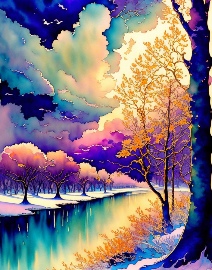 Colorful painting of autumn trees by serene riverside