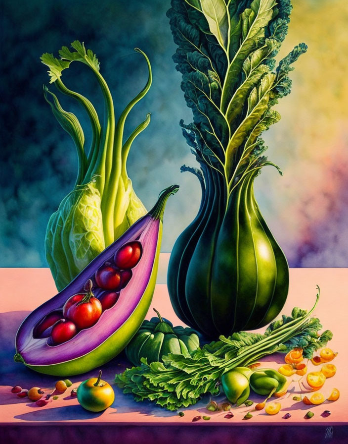 Colorful Vegetable Still Life Painting with Eggplants, Tomatoes, Fennel, and Greens