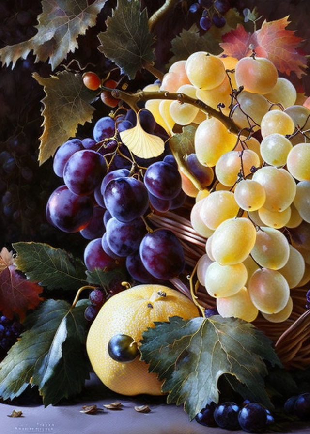 Colorful ripe grapes and lemon in foliage on dark background.