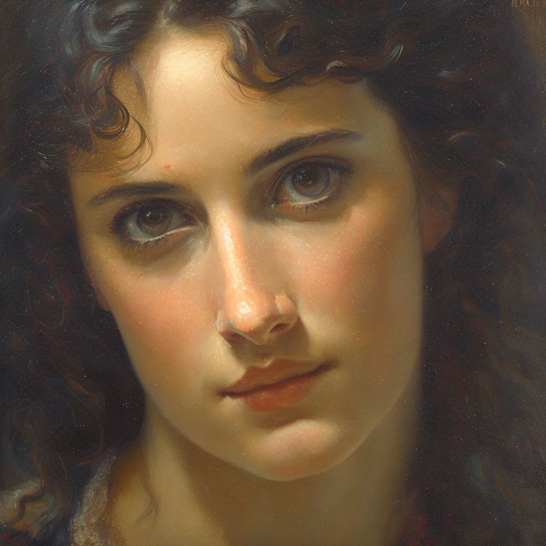 Detailed close-up of woman with curly hair in oil painting