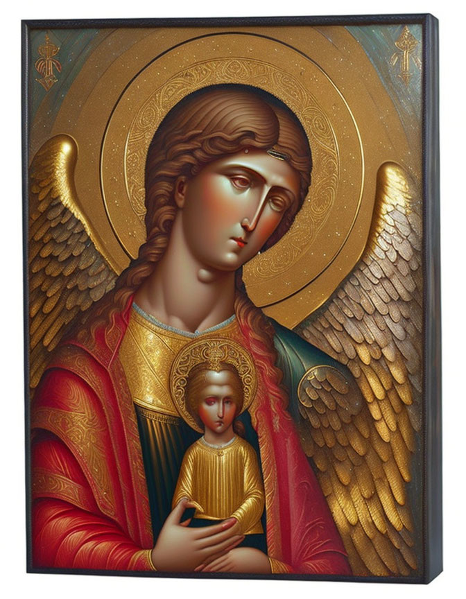 Sorrowful angelic figure with halo holding miniature seated person on gold-embellished black background