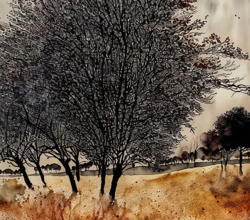 Landscape watercolor painting of bare trees in warm and cool tones