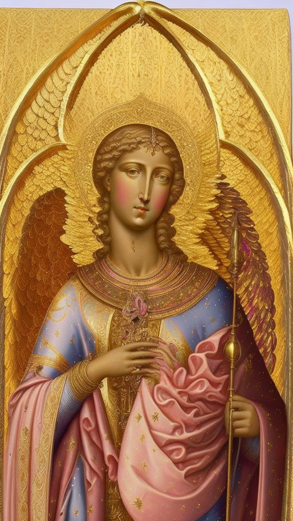 Golden halo angel icon with scepter and starry robes on gold background