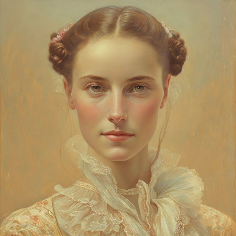 Vintage portrait of woman with braided hair and lace blouse