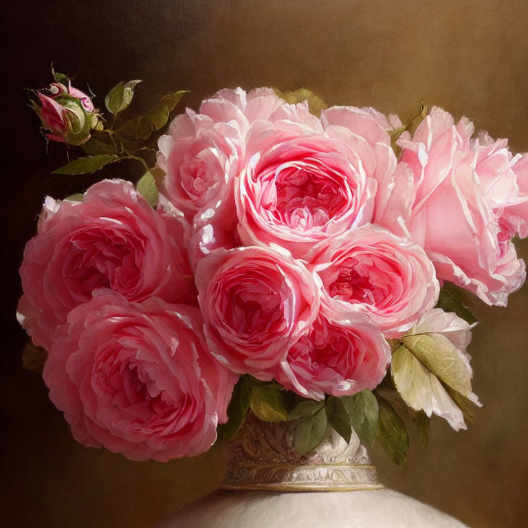 Lush Pink Roses in Ornate Vase on Dark Background