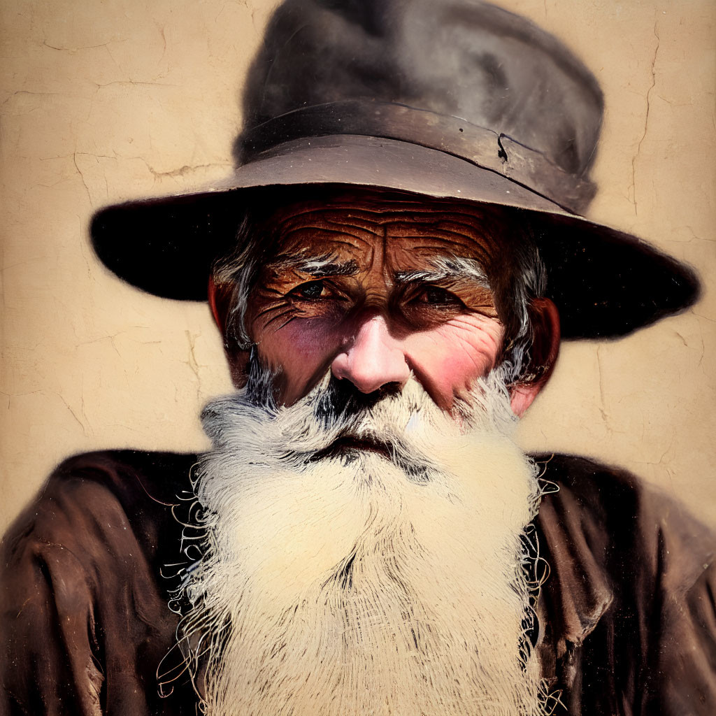 Elderly man with weathered face and grey beard in hat gazes at camera