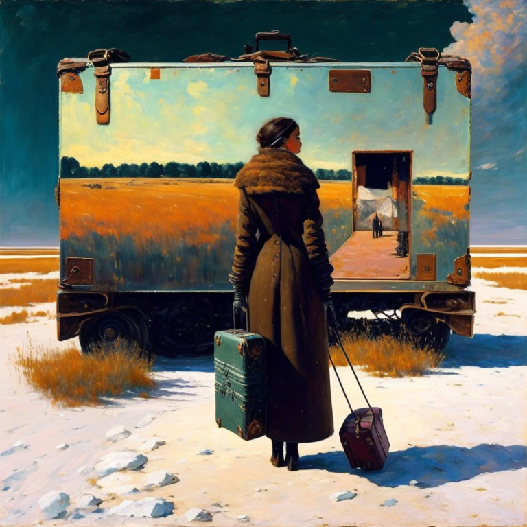 Woman in fur coat gazes at distant figure in snowy landscape with luggage.