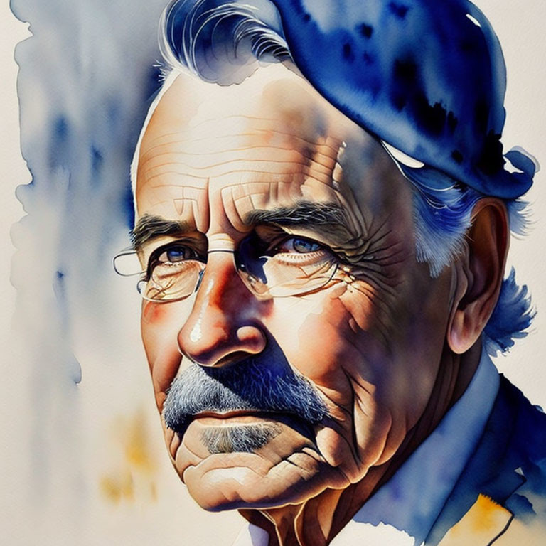 Elderly Man Portrait with Mustache and Cap in Vibrant Watercolor