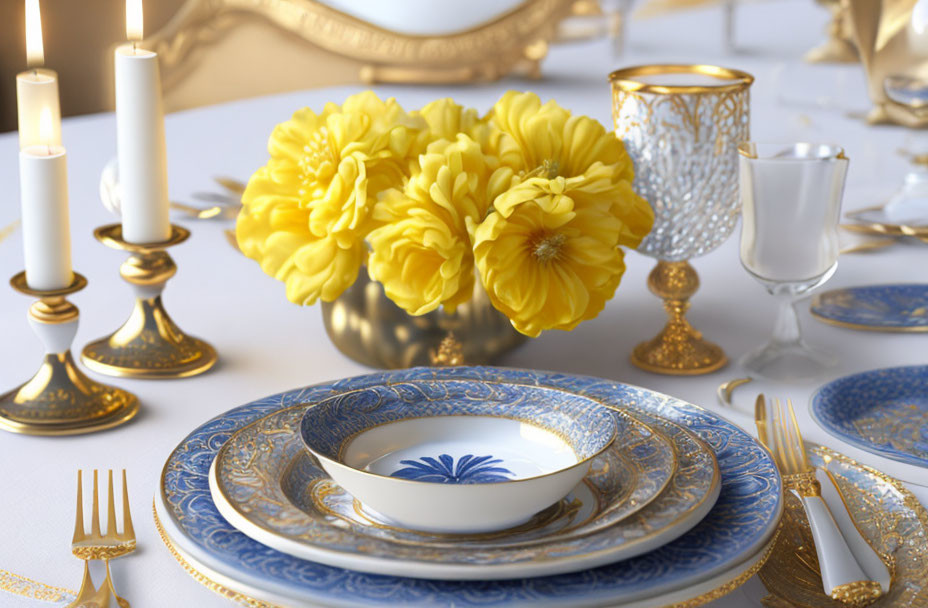 Sophisticated table setting with gold accents, blue china, yellow flowers, candles, and crystal glass