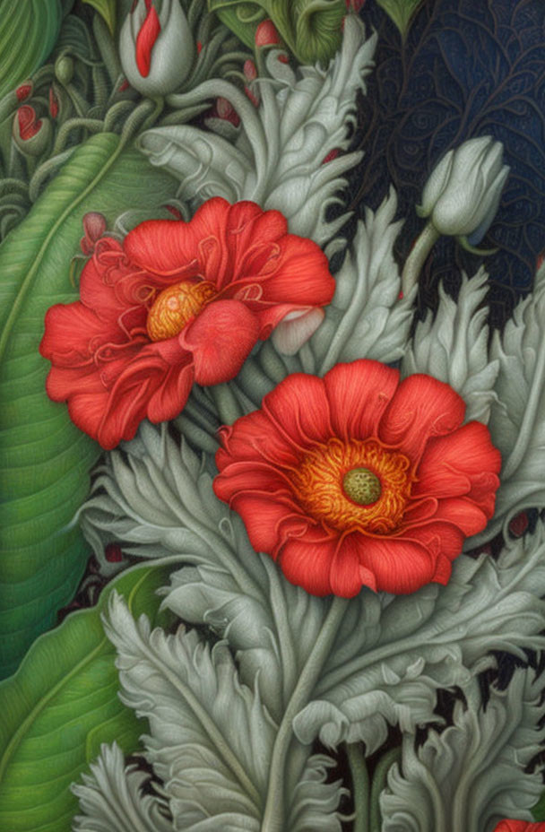 Detailed Red Flowers Among Green and White Leaves on Dark Background