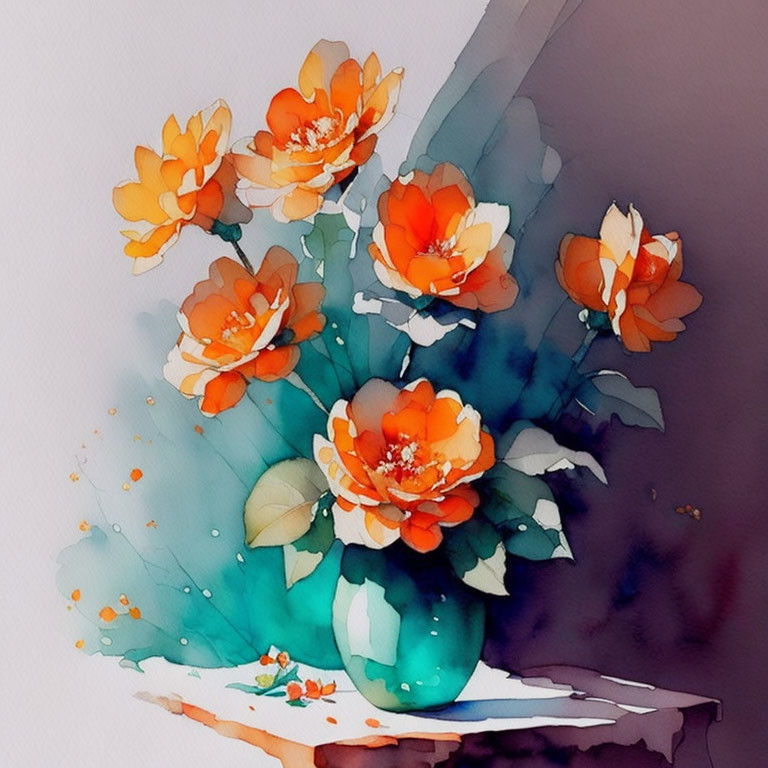 Vibrant watercolor painting of orange flowers in teal vase on blended background