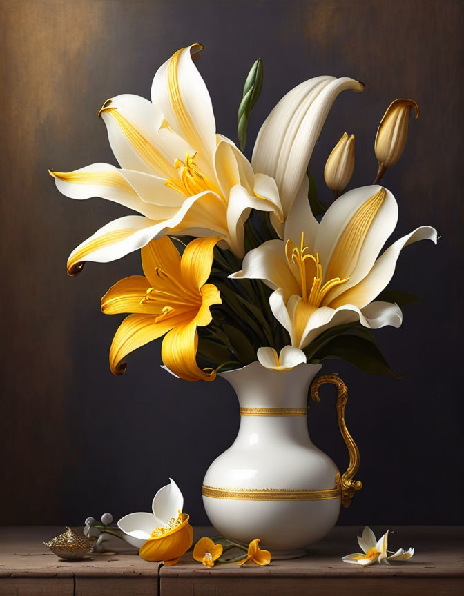 White and Gold Trim Vase with White and Yellow Lilies on Wooden Surface