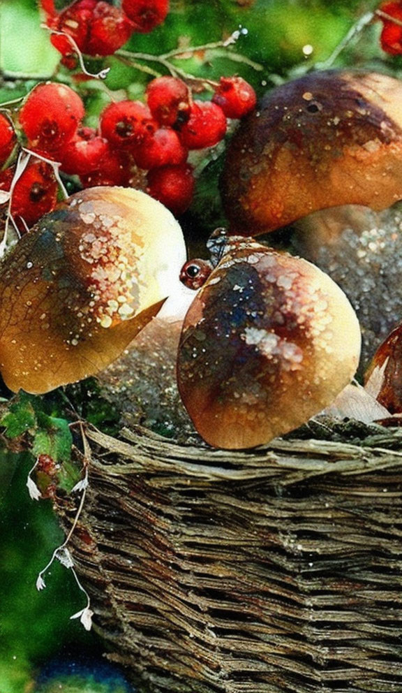 Dew-covered mushrooms on wicker basket with red berries and green foliage.