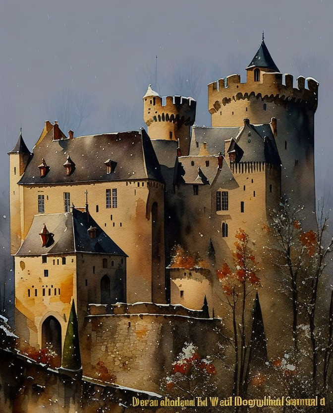 Snow-dusted medieval castle with turrets in fairy-tale landscape