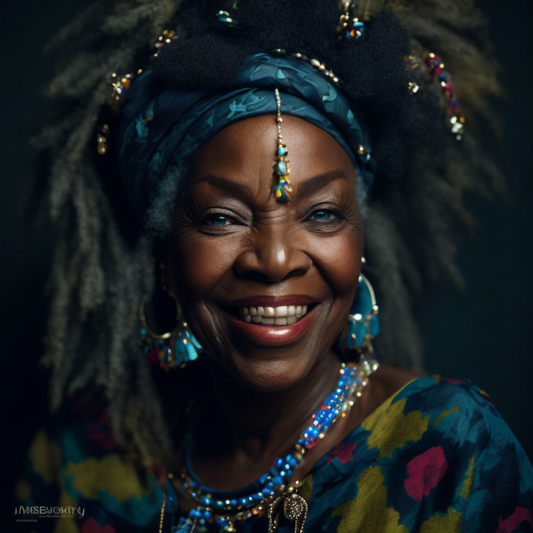 Elderly Woman in Colorful Attire Smiling Warmly