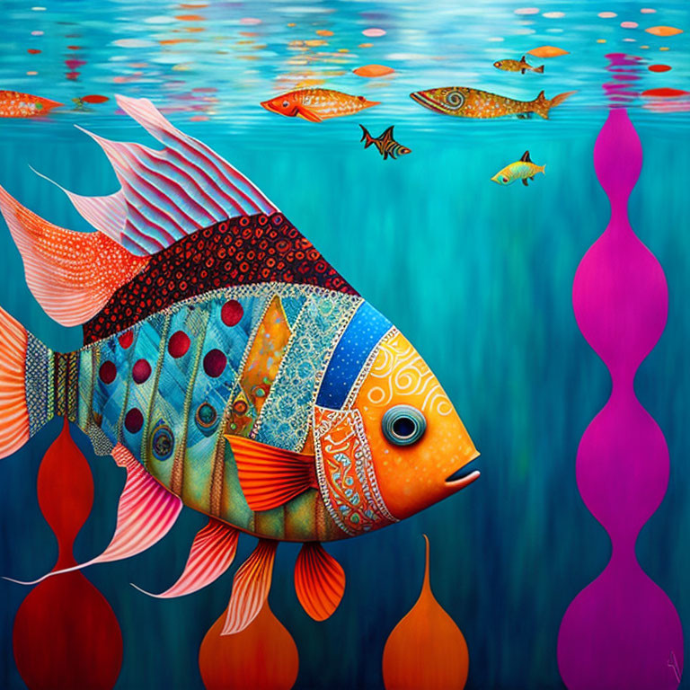 Colorful Fish Painting in Underwater Scene with Intricate Patterns