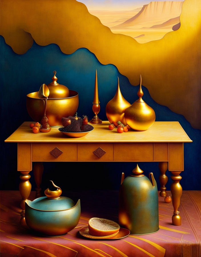 Golden tableware and fruits on table with desert landscape background.