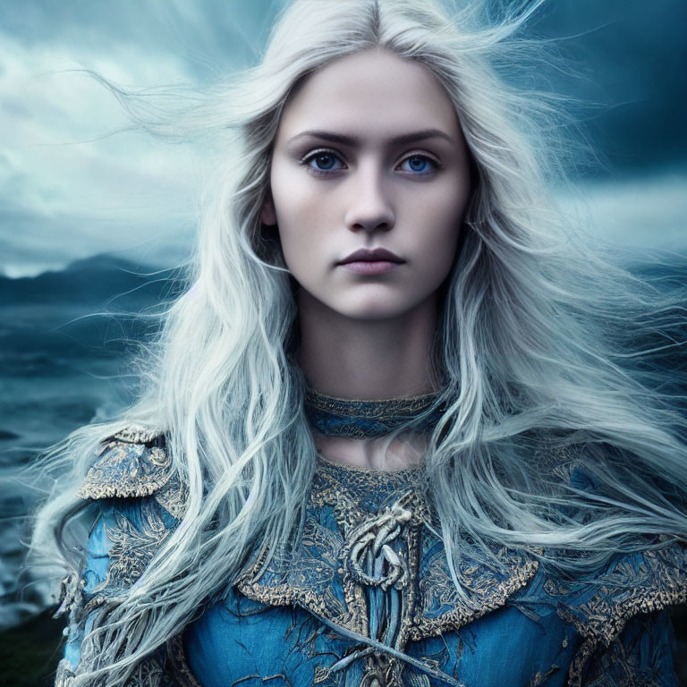 Pale-skinned woman in blue medieval armor with long white hair against stormy sky.