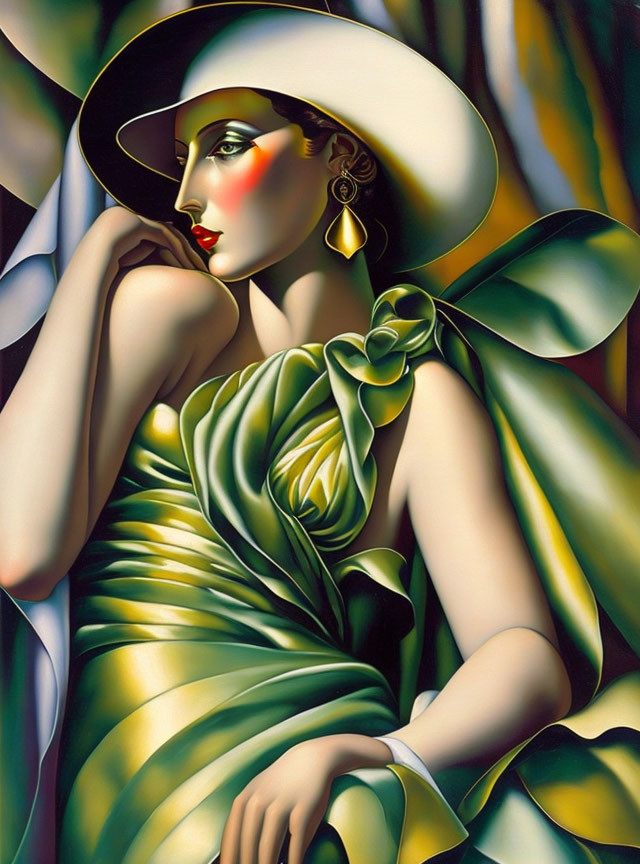 Colorful Woman Portrait with Wide-Brimmed Hat and Green Dress