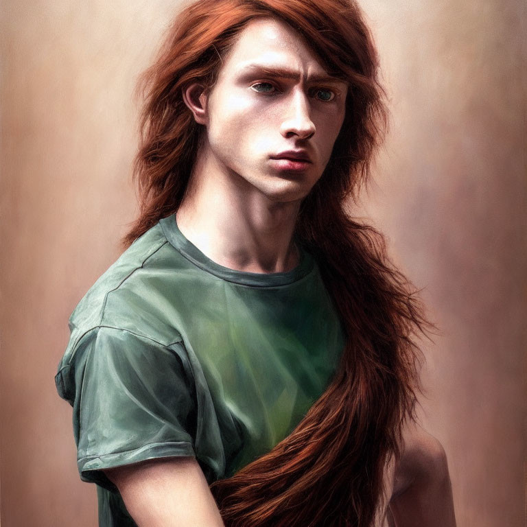 Portrait of a person with long auburn hair and green shirt