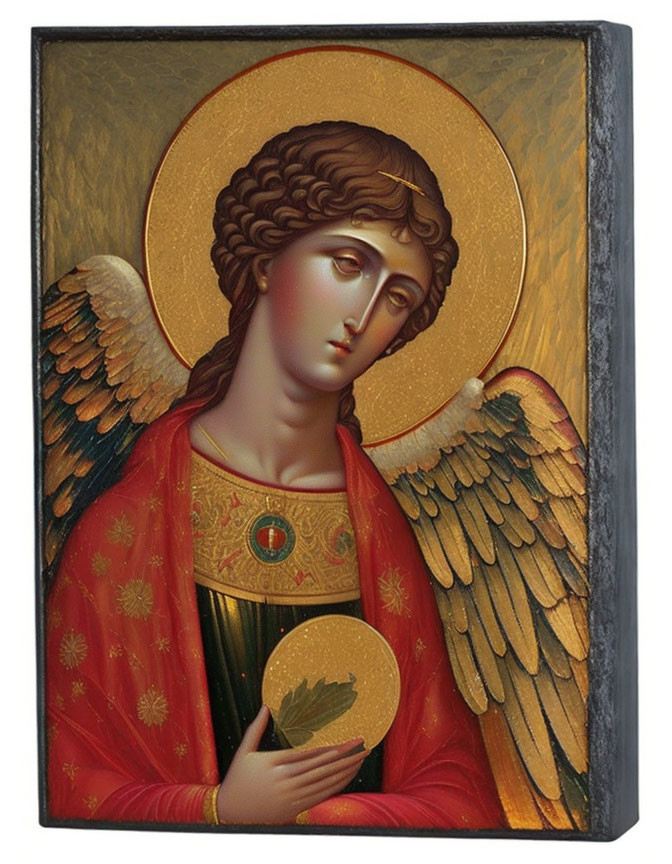 Detailed Angel Icon with Halo, Golden Wings, Red Cloak, and Branch