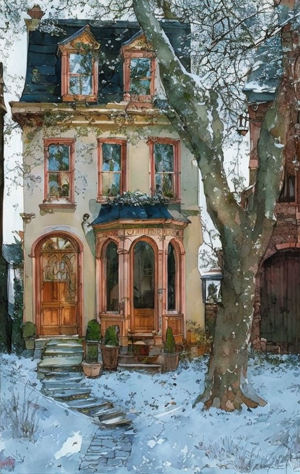 Victorian house in snow with arch door and stone pathway