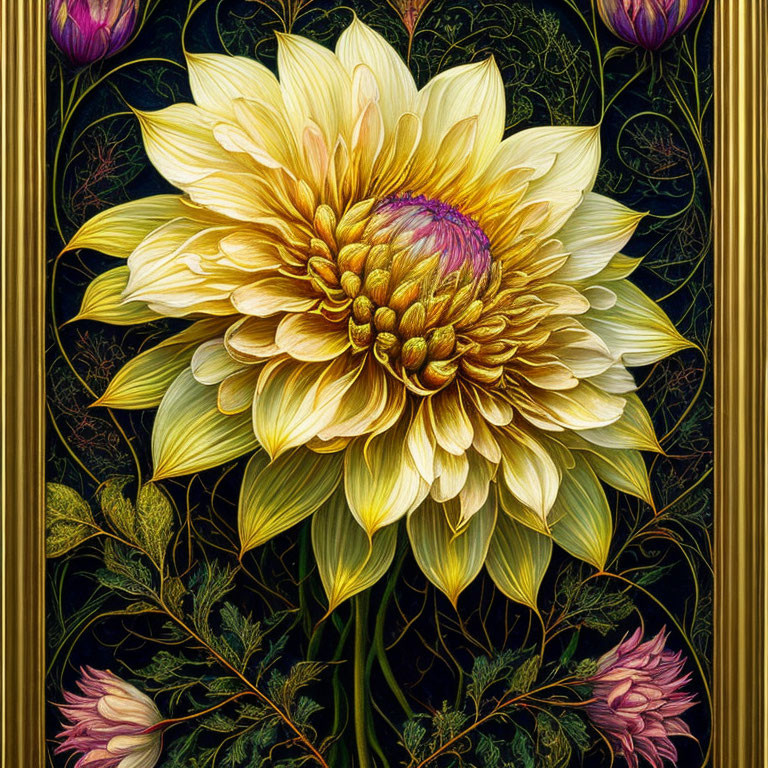 Detailed Illustration of Large Yellow Dahlia Surrounded by Pink Blossoms