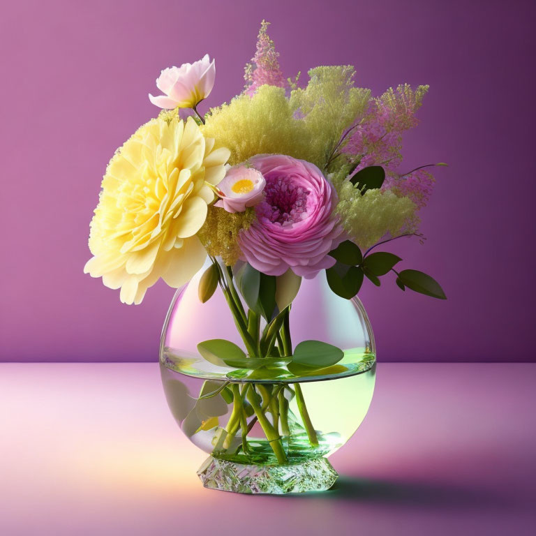 Round vase with yellow peony, pink ranunculus, and greenery on purple background