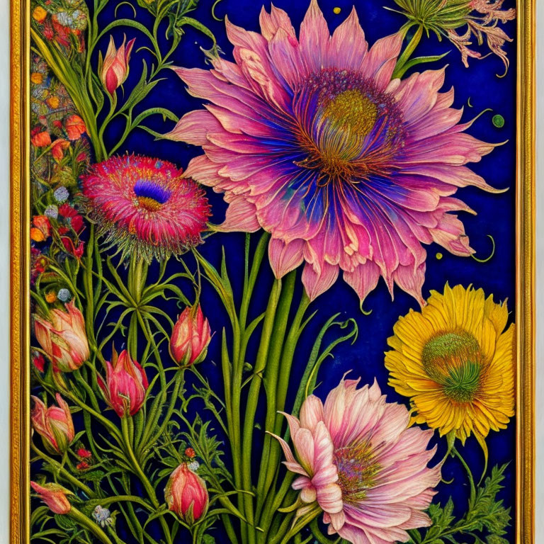 Botanical painting of pink and yellow flowers on deep blue background in gold frame