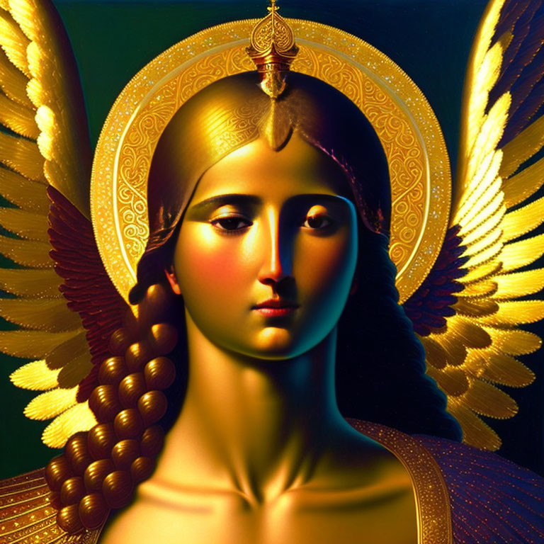 Digital artwork of woman with gold wings and halo in warm hues