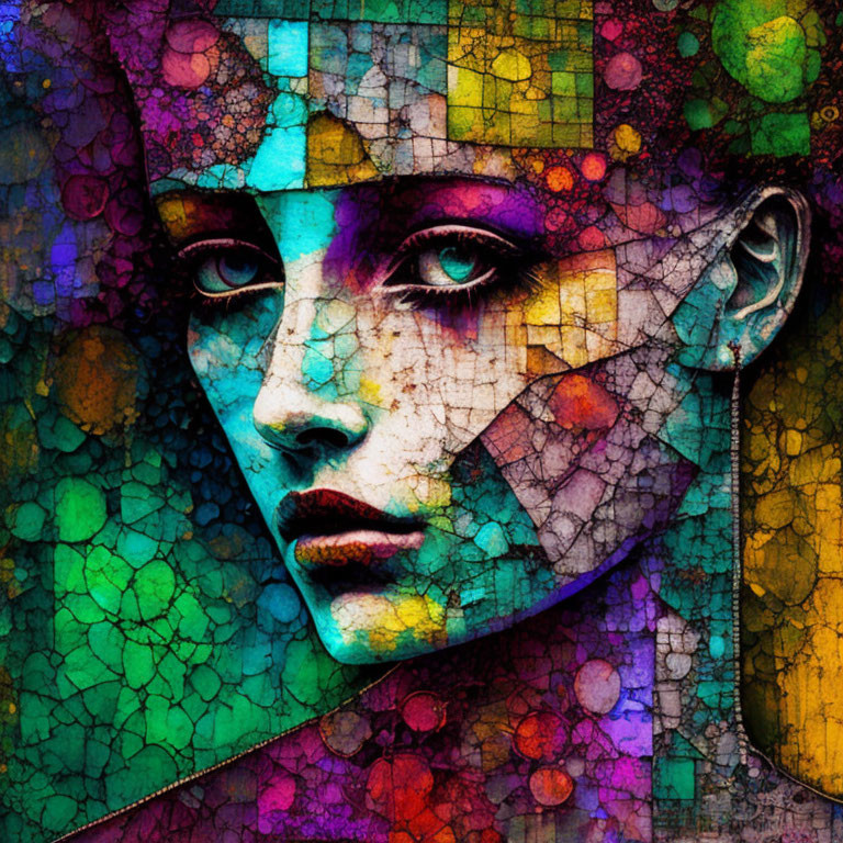 Colorful mosaic artwork of a woman's face with geometric shapes.