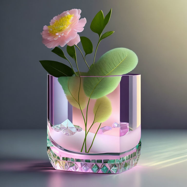 Faceted glass vase with pink flower and crystal objects