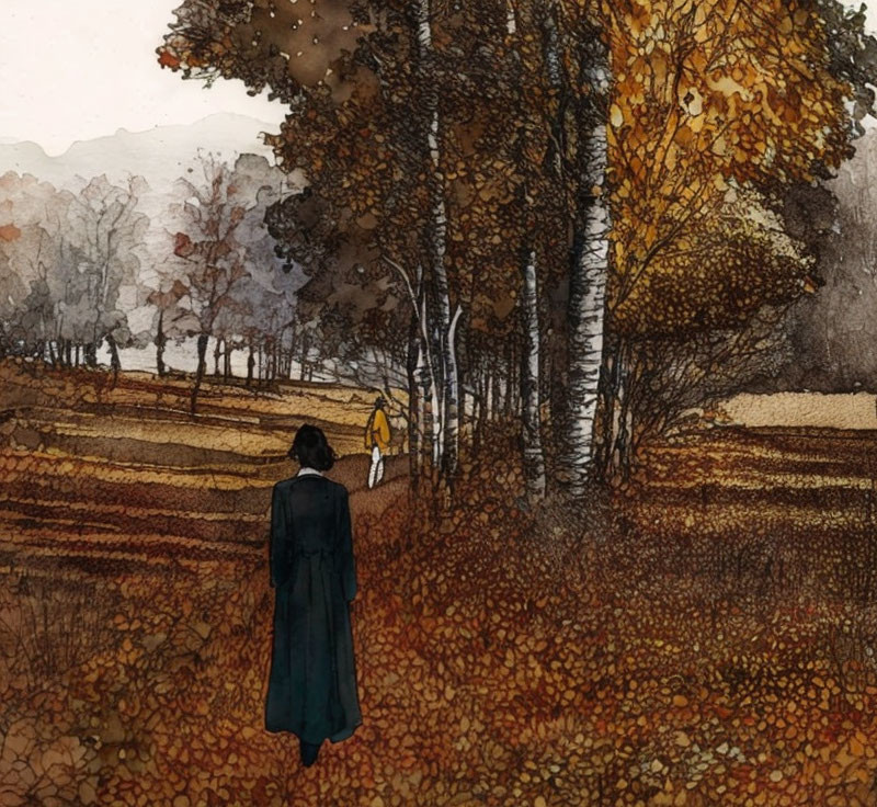 Person in Dark Coat Observing Figure in Autumn Setting