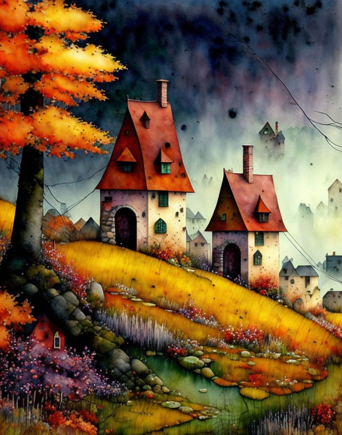 Colorful Whimsical Houses on Rolling Hills with Autumn Tree