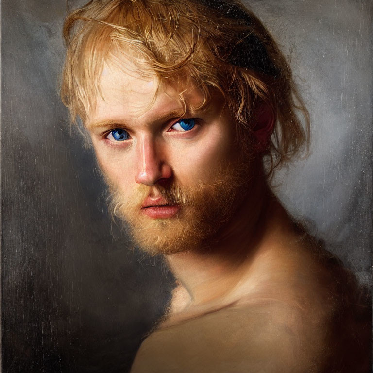 Portrait of young man with blue eyes, blond hair, full beard, dark background