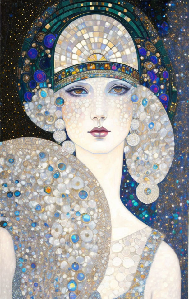 Stylized portrait of woman with art nouveau accessories and starry background