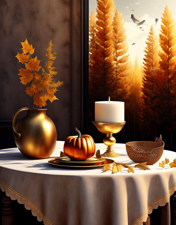 Autumn table setting with golden pitcher, pumpkin, candle, leaves, forest view.