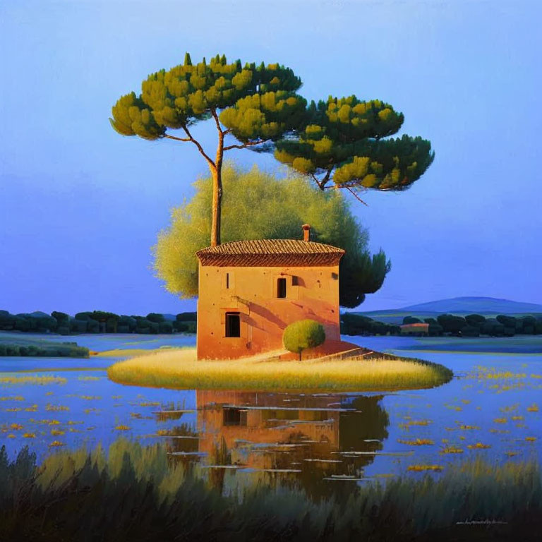 Tranquil island landscape with small house by twilight