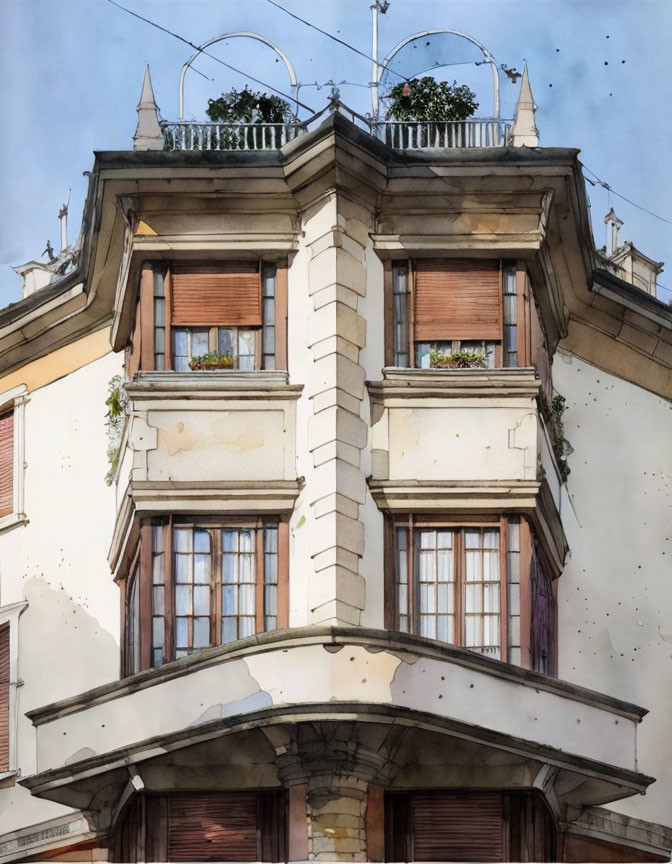 European-style building corner with bay window and ornate railings under clear sky